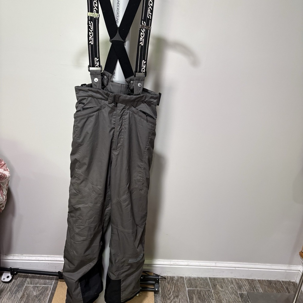 Spyder Snow Pants Bib Full Leg Zip Youth sz 16 Gray Black Ski Snowboard